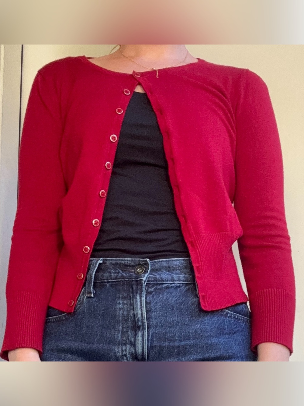 red crew neck cardigan